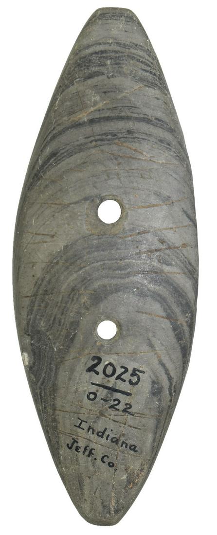 4 1/2" Adena Elliptical Gorget. Ex-Dale and Betty: 4 1/2" Adena Elliptical Gorget. Jefferson Co, IN. Vividly banded Slate. Fine condition. Well made with defined edging and good symmetry. Ex-Dale and Betty Roberts, Frank Morast, Judge Edward Payne