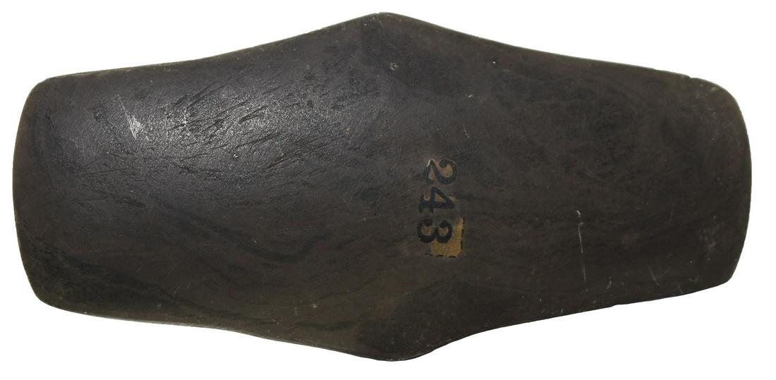 4" Hopewell Expanded Center Gorget (undrilled type).: 4" Hopewell Expanded Center Gorget (undrilled type). Newton Twp., OH. Thin, well polished Slate. Shallow divot on back. Ex-Scott Shively, Bob Converse, Judge Edward Payne, Braun