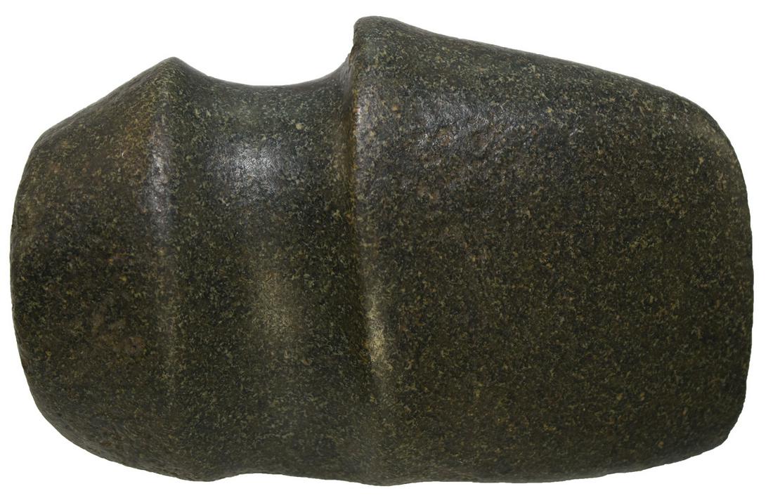 4 7/8" 3/4 Groove Axe. OH. Pictured in his June 1991: 4 7/8" 3/4 Groove Axe. Hamilton Co, OH. Finely polished Diorite. Fine condition, bit in fine shape. Ex-Sam Speck (S-59). Pictured in his June 1991 Speck Sale Catalog (Converse, lot 103)