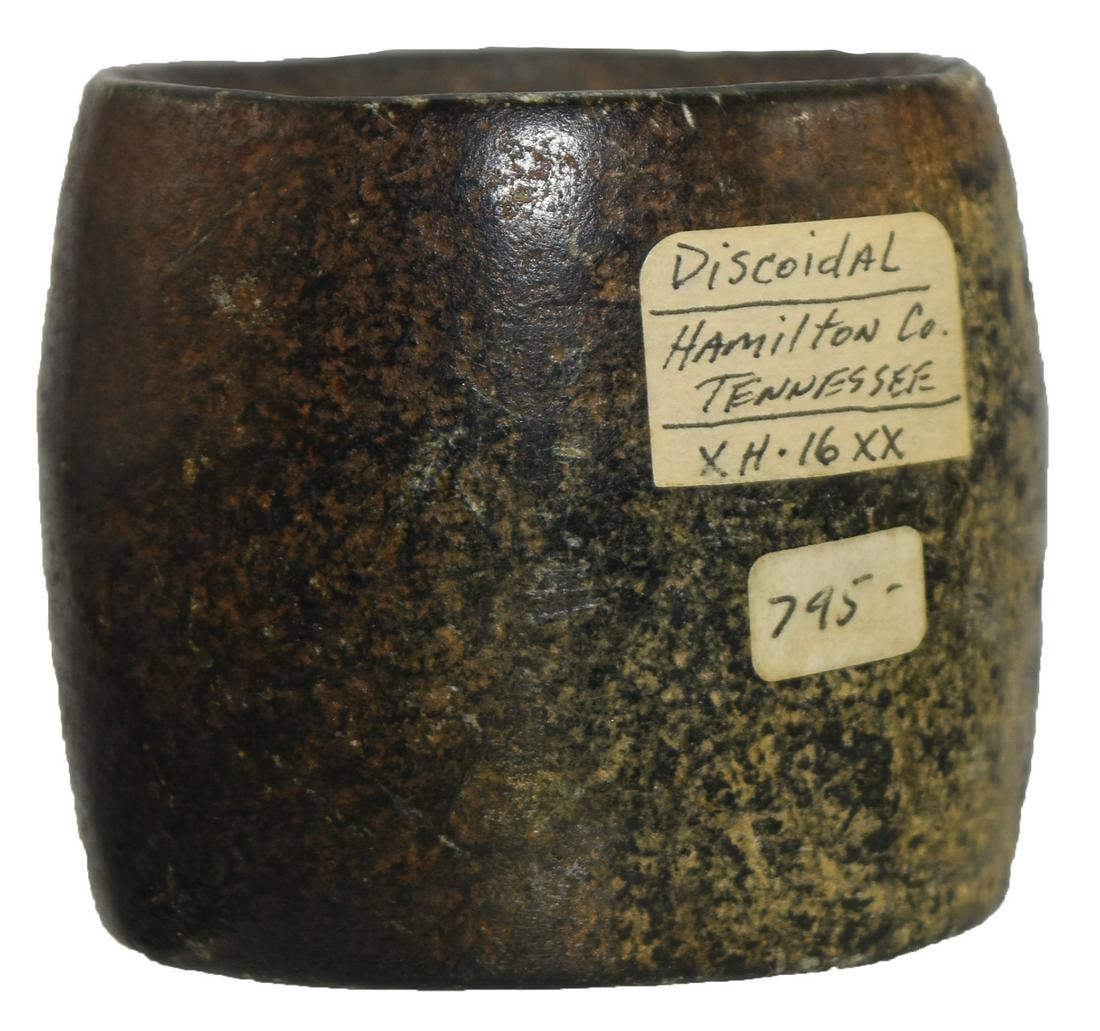 2 1/2" D. Barrel Discoidal. Davis COA. Hamilton Co,: 2 1/2" D. Barrel Discoidal. Hamilton Co, TN. Beautifully weathered, glossy Steatite. Very fine condition. Over 2" tall. Ex-Gary Cuckler, Bill Swann. Davis G9 COA