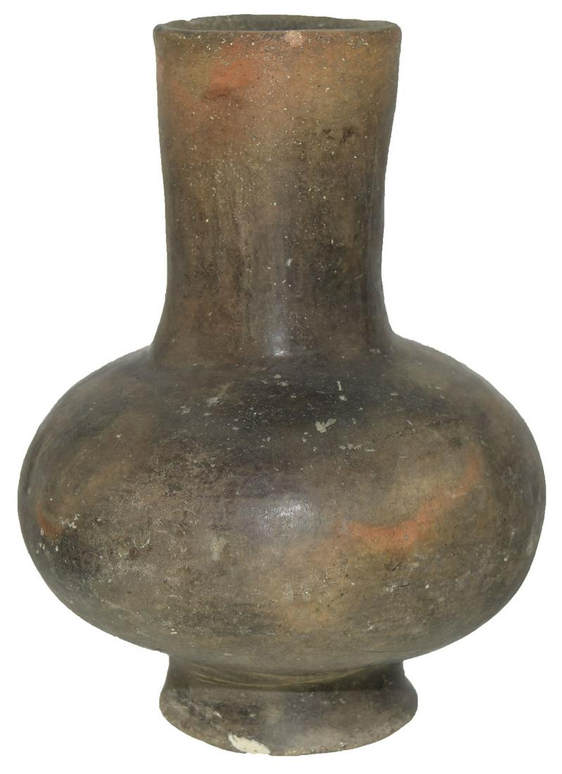8 3/4" H. Pedestal Bottle. Arkansas. Appears solid,: 8 3/4" H. Pedestal Bottle. Arkansas. Appears solid, fine finish. A well made Mississippian ceramic