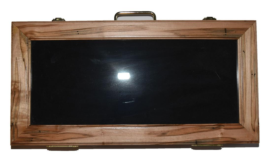 Custom 12" x 24" Display Frame. Attractive Spalted: Custom 12" x 24" Display Frame. Attractive Spalted Maple wood. 3" Deep. Like new condition with key. Very well made, solid craftsmanship. Note that the latches on these cases are on the same side as t