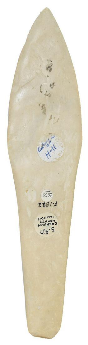 8 3/8" Polished Flint Morse Knife (full polish). Ex-Ben: 8 3/8" Polished Flint Morse Knife (full polish). Calhoun Co, IL. Excellent condition. Burlington Chert. Great history. Ex-Pat Peterson, Rocky Hall, Ben Thompson (#2855), BW Stephens (S-907), Garner co