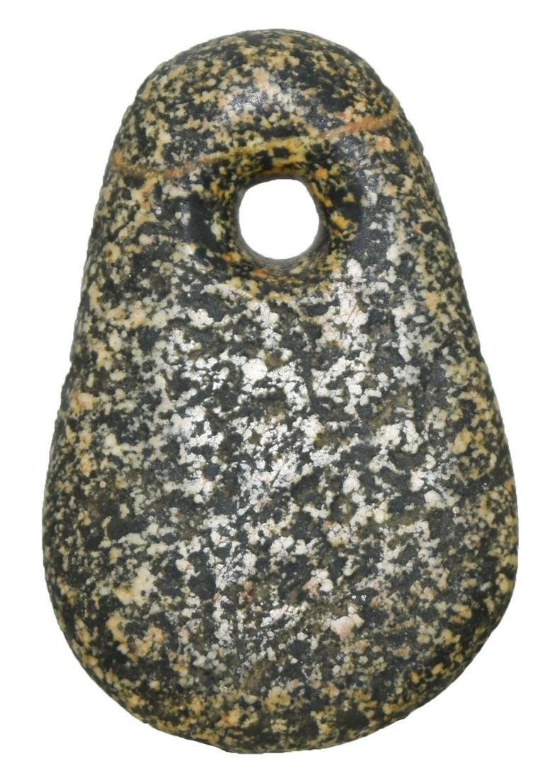 2 1/2" Chumash Drilled Hardstone Pendant. Santa: 2 1/2" Chumash Drilled Hardstone Pendant. Santa Barbara Co, CA. Speckled Granite. Nicely shaped, good polish. Ex-Jeff Hunt, Steve Bohm