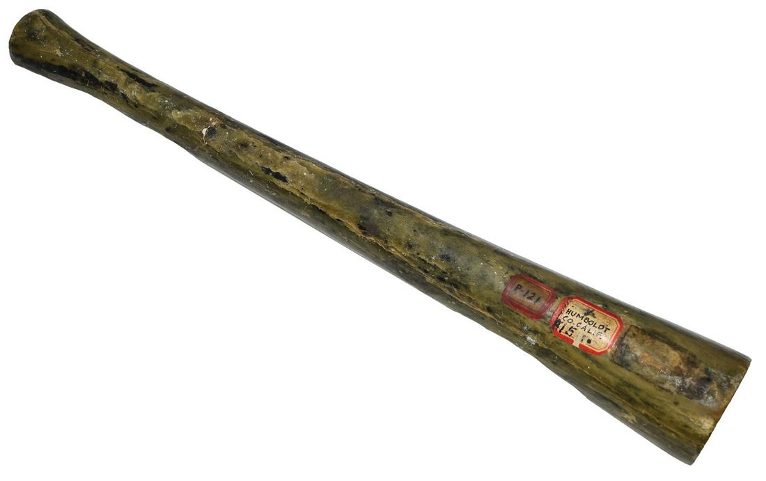 10 1/2" Trumpeted Tube Pipe. Rare artifact. Humbolt: 10 1/2" Trumpeted Tube Pipe. Rare artifact. Humbolt Co, CA. An old Byron Knoblock Pipe, acquired from the Field Museum. Green Serpentine. Broken, glued. Small section missing. Very well made