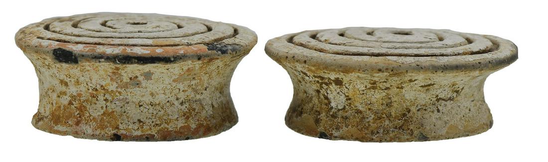 Pair of 1 1/2" Limestone Engraved Ear Spools. Found: Pair of 1 1/2" Limestone Engraved Ear Spools. Found near Mansfield, LA. Caddo influence. Ex-Scott Shiveley