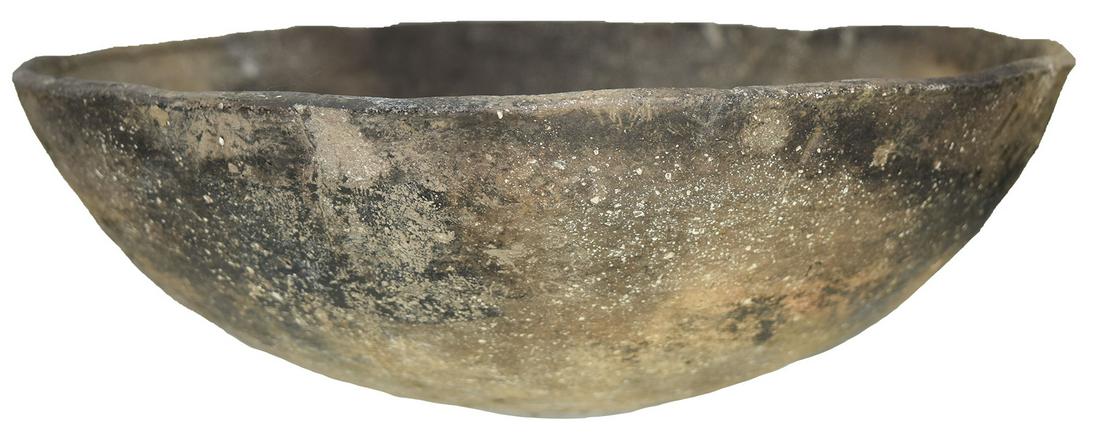 10 1/4" D. Mississippian Bowl. AR. Large, well: 10 1/4" D. Mississippian Bowl. AR. Large, well made.. Attractive brown and black fire clouding on surface. Appears to have been broken in half and glued. Very good condition. Ex-Rick Fitzgerald