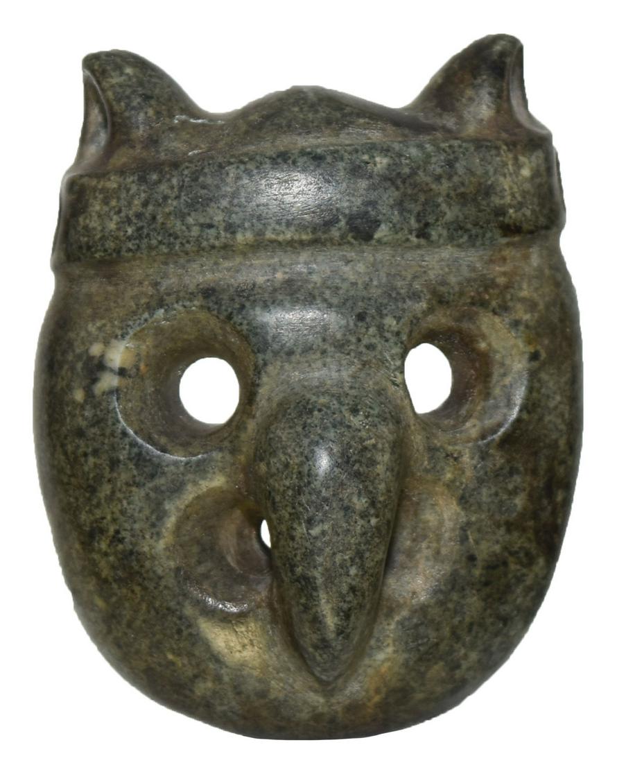 2 3/8" Bird Effigy Masquette. MX. Pre-Columbian.: 2 3/8" Bird Effigy Masquette. MX. Pre-Columbian. Olmec influence. Drilled for suspension. Excellent condition. Form of Jadeite