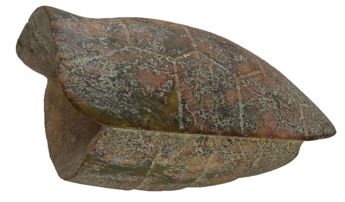 5 1/2" Chinese Turtle Shell Effigy. Form of Jadeite.: 5 1/2" Chinese Turtle Shell Effigy. Form of Jadeite. Very well made with engraved lines on both sides on shell. Graceful, artistic display. Shell is drilled from front to back with tapered holes on bo