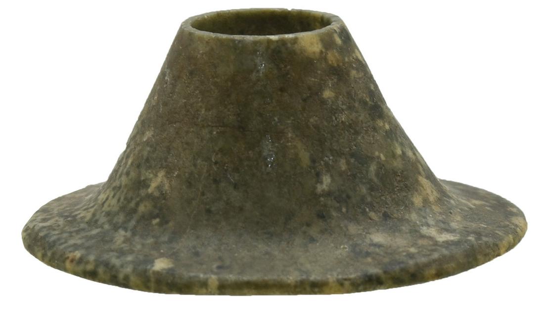 2 1/4" Jadeite Ear Spool. Pre-Columbian. Ex-Dale and: 2 1/4" Jadeite Ear Spool. Pre-Columbian. MX. Very thin, graceful. G10. Ex-Dale and Betty Roberts, Barnhill Museum