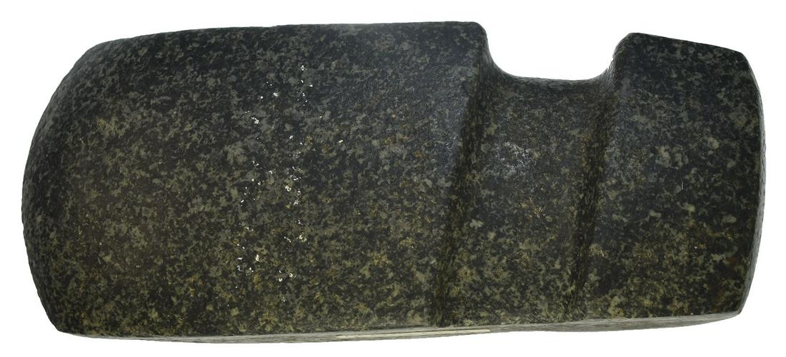 5 3/4" IA Slant Groove Axe. Cerro Gordo Co, IA. Ex-: 5 3/4" Iowa Slant Groove Axe. Cerro Gordo Co, IA. Highly developed with deep groove and highly defined edgework. Excellent condition. Finely polished Granite. Ex-Gary Cuckler, Clem Caldwell. One of Ga