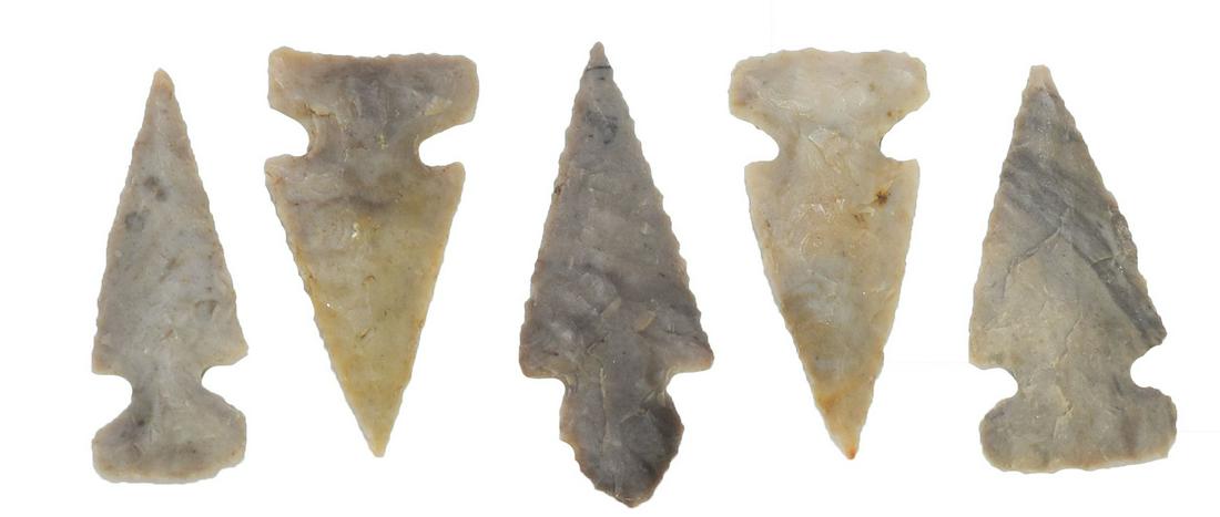 5 Spiro Mound Birdpoints. 11/16"-1". Ex-C.W. (1 of 4)