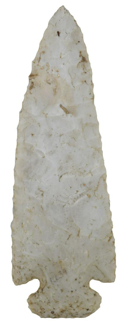 5 7/16" Dovetail. Shelby Co, IN. Large with finely: 5 7/16" Dovetail. Shelby Co, IN. Large with finely worked edges. Glossy white chert. May have a flake of rechipping on tip. Large, imposing Dove. Ex-Jeff Hunt, Kyle Lawson