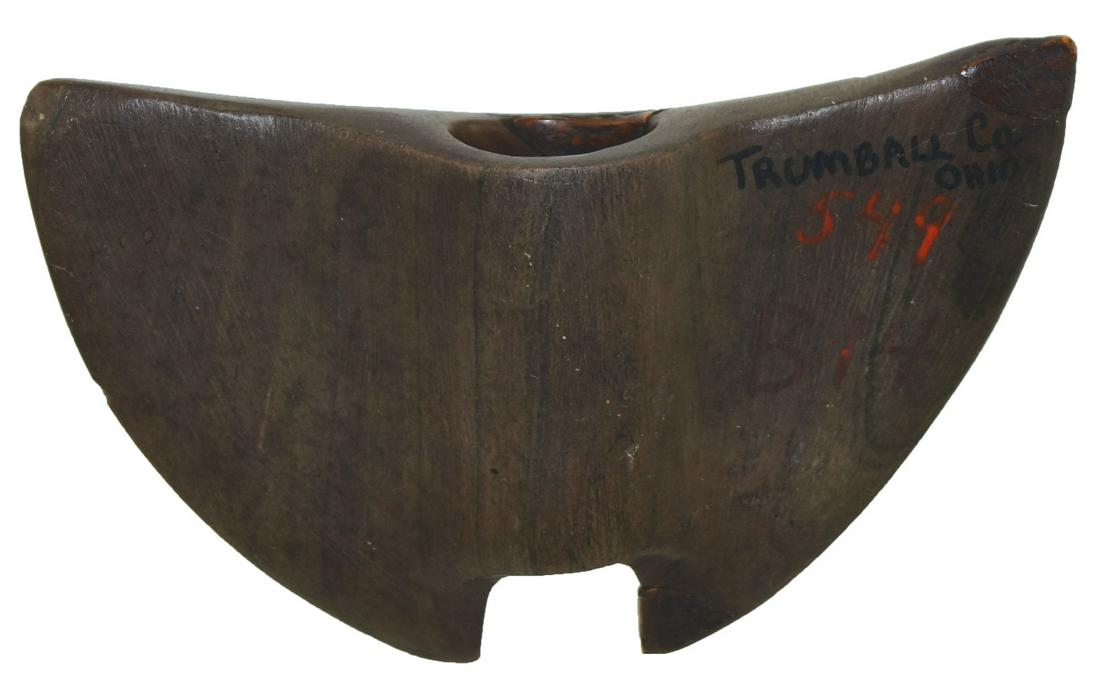 Rare 4" Winged Bannerstone. Pictured in Knoblock's: Rare 4" Winged Bannerstone. Trumball Co, OH. Purple Slate. Unusual style with large hole. 3 small spots of repair. Pictured in Knoblock's 1937 Bannerstones of the North American Indian. An old Wilbur