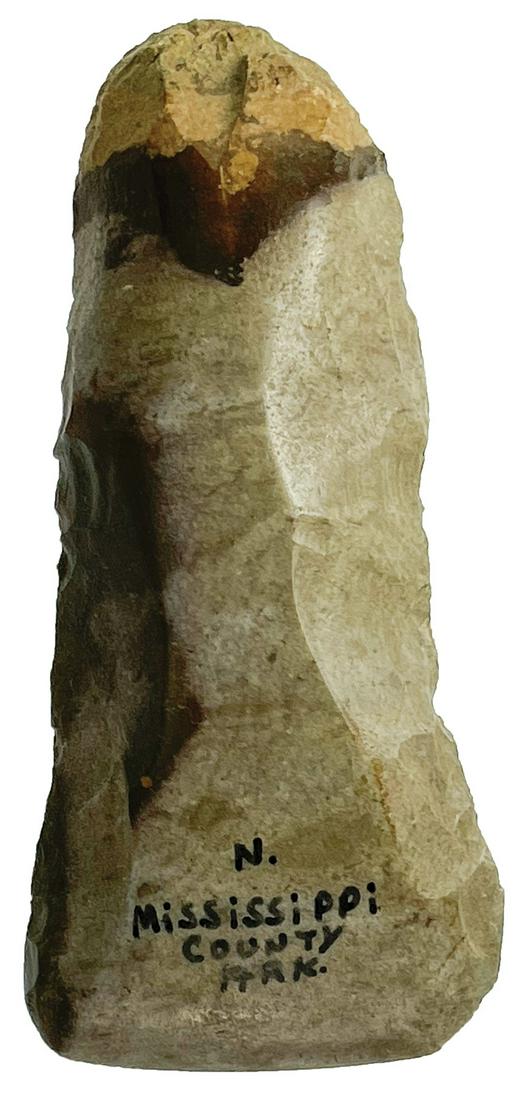 3 1/2" Flint Adz. Mississippi Co, AR. Colorful grey: 3 1/2" Flint Adz. Mississippi Co, AR. Colorful grey and purple chert, highly polished with excellent use wear on bit. Fine condition. Ex-Evan Maurer