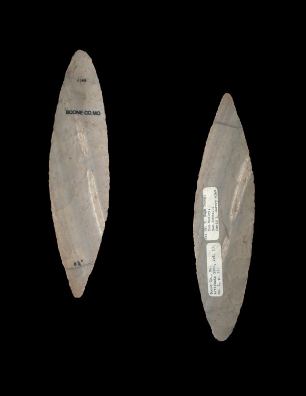 8 1/4" Bi-Point Blade. Pictured. Perino Paper: 8 1/4" Bi-Point Blade. Boone Co, MO. Thin and well made. Ex-Marsh, Young. Pic 1983 #1 Artifacts, WW9 (Marsh). Perino Paper