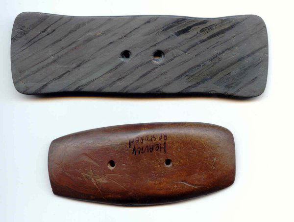 Two 4 1/4" & 5 5/8" Gorgets. Heavily Restored: Two 4 1/4" & 5 5/8" Gorgets. Heavily Restored