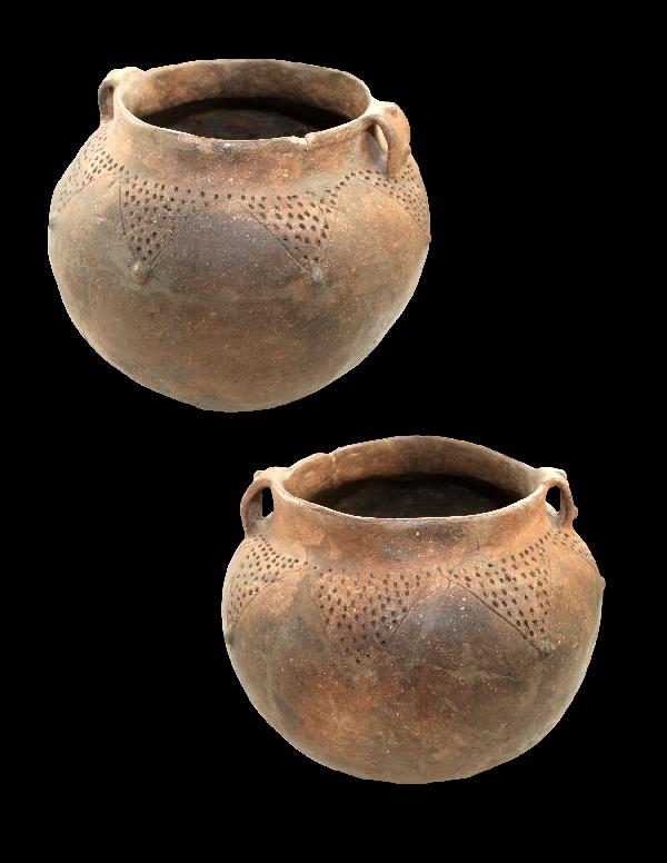 7 1/2" Dia. Manley Punctated Jar with Nodes, Partai: 7 1/2" Dia. Manley Punctated Jar with Nodes, Partain Paper. Decoration & Strap Handles. Restored. Banks Site, AR. FB H.R. McPherson in 1958