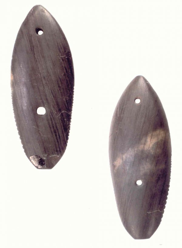4 7/8" Glacial Kame Gorget. Tally marked. Found: 4 7/8" Glacial Kame Gorget. Tally marked. Found Marysville, OH in 1927. Pic on cover of Richard Turner Sale Catalog. Davis G9 Paper