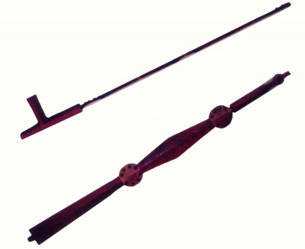 24" Wood Pipestem with tacks and 6 1/2" Catlinite: 24" Wood Pipestem with tacks and 6 1/2" Catlinite Pipe (pipe broken, glued). Great old example.