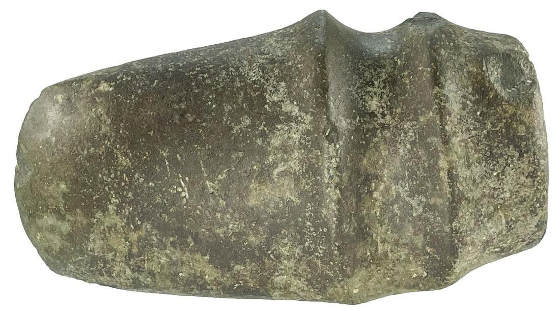 7" 3/4 Groove Axe. Knox Co, OH. Polished green tinted: 7" 3/4 Groove Axe. Knox Co, OH. Well made with pronounced ridges and defined shape. Highly polished green tinted Granite. Good condition with a few small worn over nicks on ridge. Ex-Dr. John Mountjoy