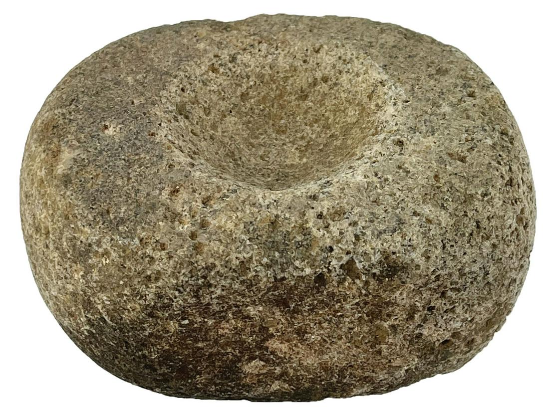 3 5/8" Grinding Mortar. San Lazaro Pueblo, NM. Forrest: 3 5/8" Grinding Mortar. Dimpled on both sides. Good symmetry, fine condition. San Lazaro Pueblo, NM. From the Forrest Fenn Collection