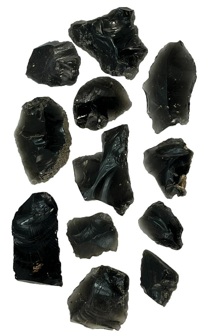 Group of 12 utilized Obsidian Flakes. San Lazaro (1 of 2)