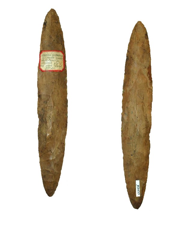 11 3/4" Ceremonial Blade. IL. Putty G10 Paper: 11 3/4" Ceremonial Blade. Illinois. Large example. Old tag has a $27.50 price on it (expect to pay a little more in this auction). A small chunk of old putty was removed near the edge of the tag (see 