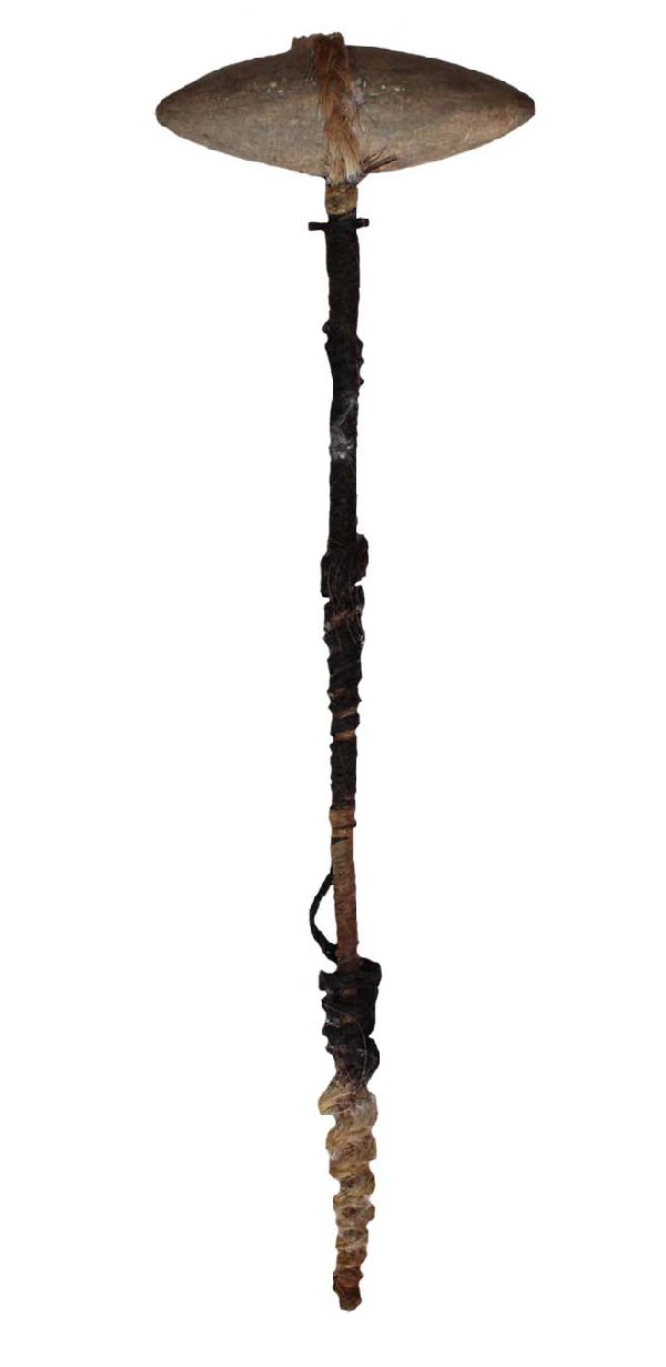 21" Biconical War Club. Jackson Paper: 21" Biconical War Club with Braided Horse Hair. Plains Type. Ex-Raymond Blake (WW6). Jackson Paper
