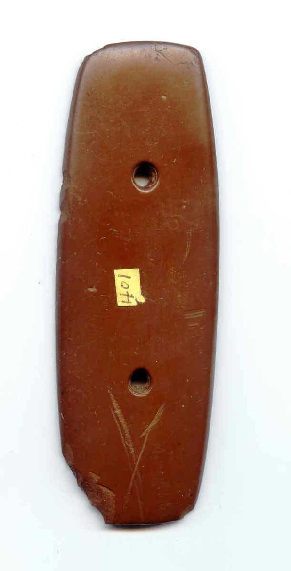 4 5/8" Red Pipestone Gorget. Richland Co, OH: 4 5/8" Red Pipestone Gorget. Richland Co, OH. Ex-Smedal. Rare material type. Excellent patination