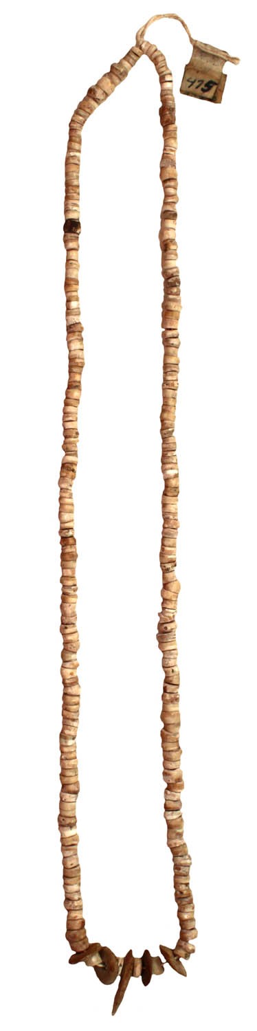 20" Shell Bead Necklace. Spiro Mound: 20" Shell Bead Necklace. Old tag reads Temple (Spiro) Mound. Ex-Duane Johnson