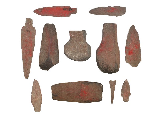 11 Piece Red Paint Cache. Maine. Ex-Vietzen: 11 Piece Red Paint Cache. Maine. Long Stem Spear is 6 1/2". Illustrates Adena influence. Ex-Vietzen