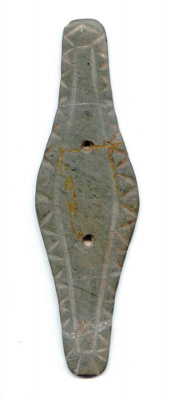 8 1/4" Precolumbian Gorget: 8 1/4" Precolumbian Gorget. Rare scalloped designs. Made of a green material with black lines. Ceremonially killed, re-glued with no restoration