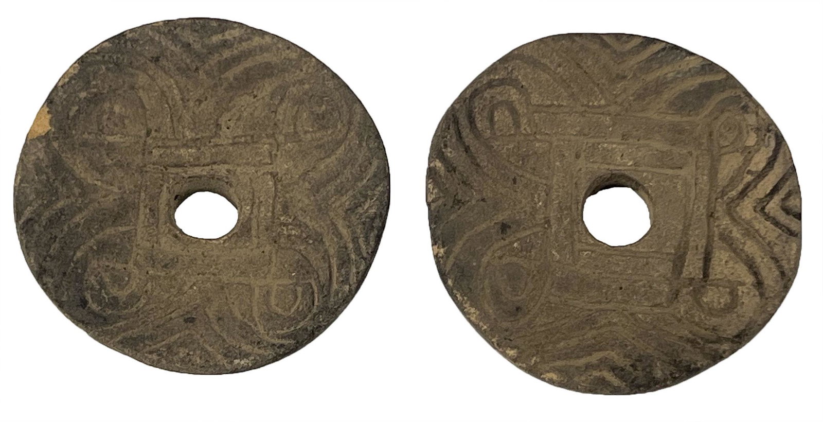 Pair of Stone 3" Ear Spools. OK. Heavily engraved. Excellent: Pair of Stone 3" Ear Spools. Found in OK. Heavily engraved. Excellent condition. Ex-Richard Shively, Ken McNeal, Dr. Stan Copeland.