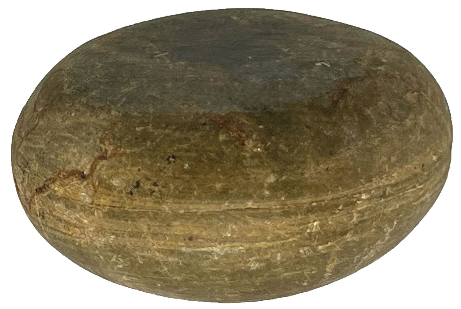 2 3/4" Biscuit Discoidal. Clay Co, IL. Nicely polished banded Slate. COA: 2 3/4" Biscuit Discoidal. Clay Co, IL. Nicely polished banded Slate. Good symmetry. Ex-Gary Lewis, David Woods (found by his father). Putty G9 COA