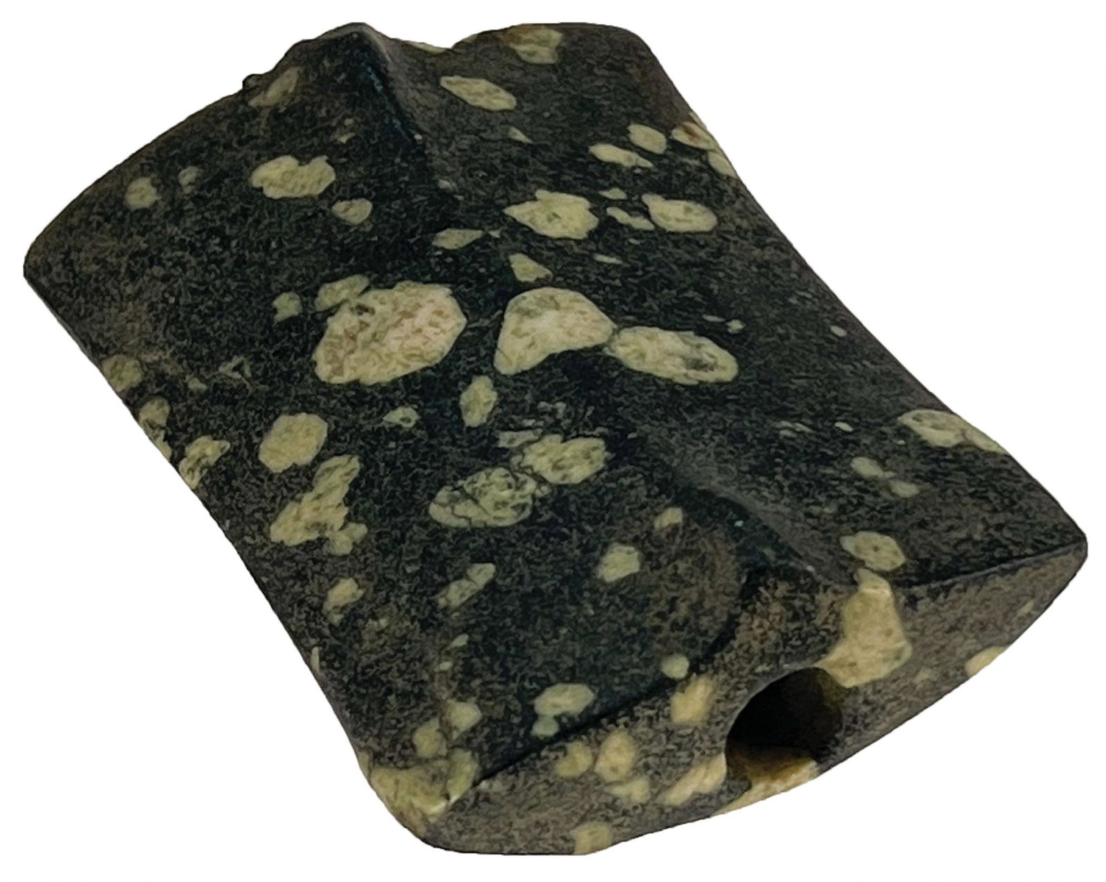 3 1/2" Saddleback Bannerstone. Union Co, IL. Porphyry . Pic in WW#7: 3 1/2" Saddleback Bannerstone. Union Co, IL. Porphyry with large cream phenocrysts. Well made. Some chips around one hole have been anciently reparied. Fine condition. Displays very well. Ex-Dale and 