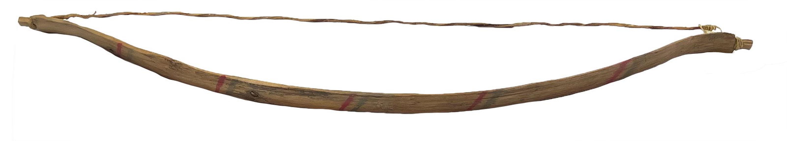 26" Bow. Hand Carved Wood decorated with red and blue designs.: 26" Bow. Hand Carved Wood decorated with red and blue designs. From the western U.S.. Rawhide string (probably newer than bow). Mid to late 1800's. Ex-Jim Bickel, Don Martin