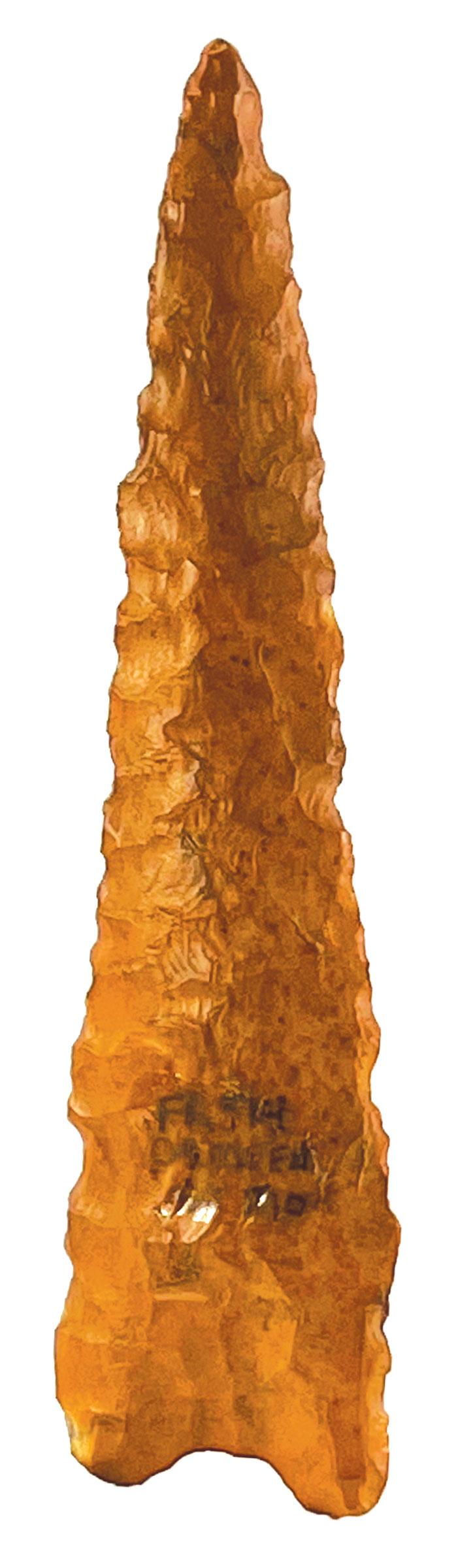 5 1/8" Dalton. Motley COA. Camden Co, MO. Thin, well flaked. Colorful: 5 1/8" Dalton. Camden Co, MO. Thin, well flaked. Colorful water stained chert with deep patina. Very fine condition. Motley COA