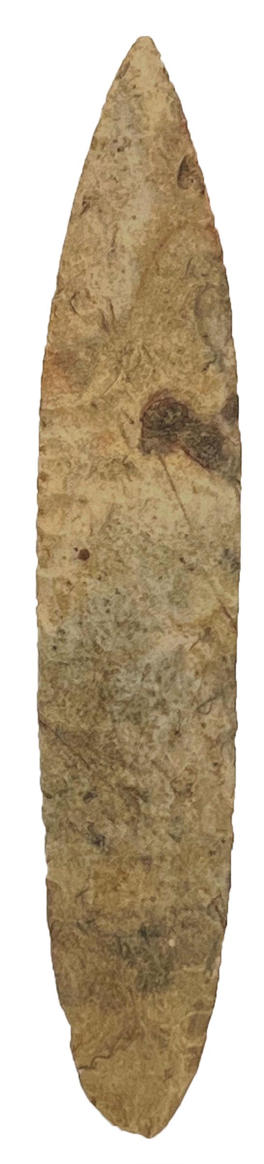 7 1/2" Bi-Pointed Blade. MO. Tan chert with red tint. Ex-Gary Cuckler.: 7 1/2" Bi-Pointed Blade. MO. Tan chert with red tint. Very thin and well made. Ex-Tom Erdmann, Gary Cuckler. Putty G9 COA