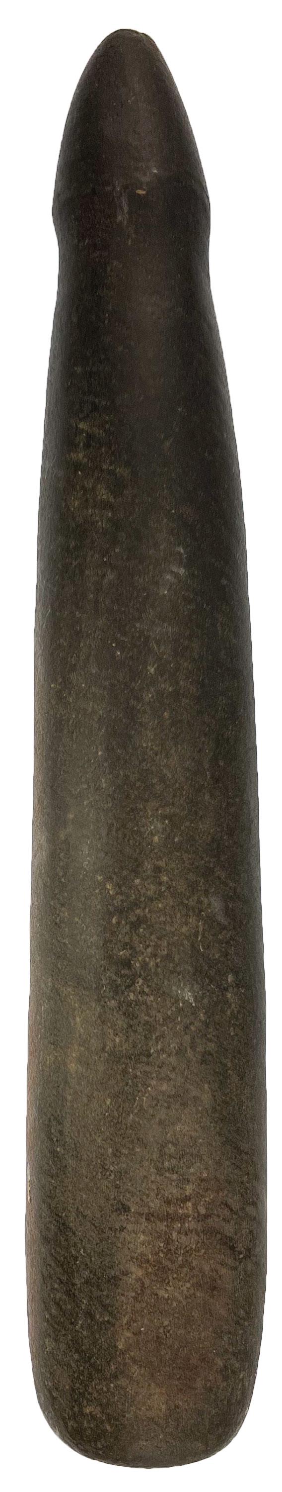 15 1/2" Nipple Top Roller Pestle. Columbia River area, WA. Well made: 15 1/2" Nipple Top Roller Pestle. Columbia River area, WA. Well made and in excellent condition. Water stained green Hardstone. G10. Phallic design. Ex-Dr. John Mountjoy, Brian Beaulaurier