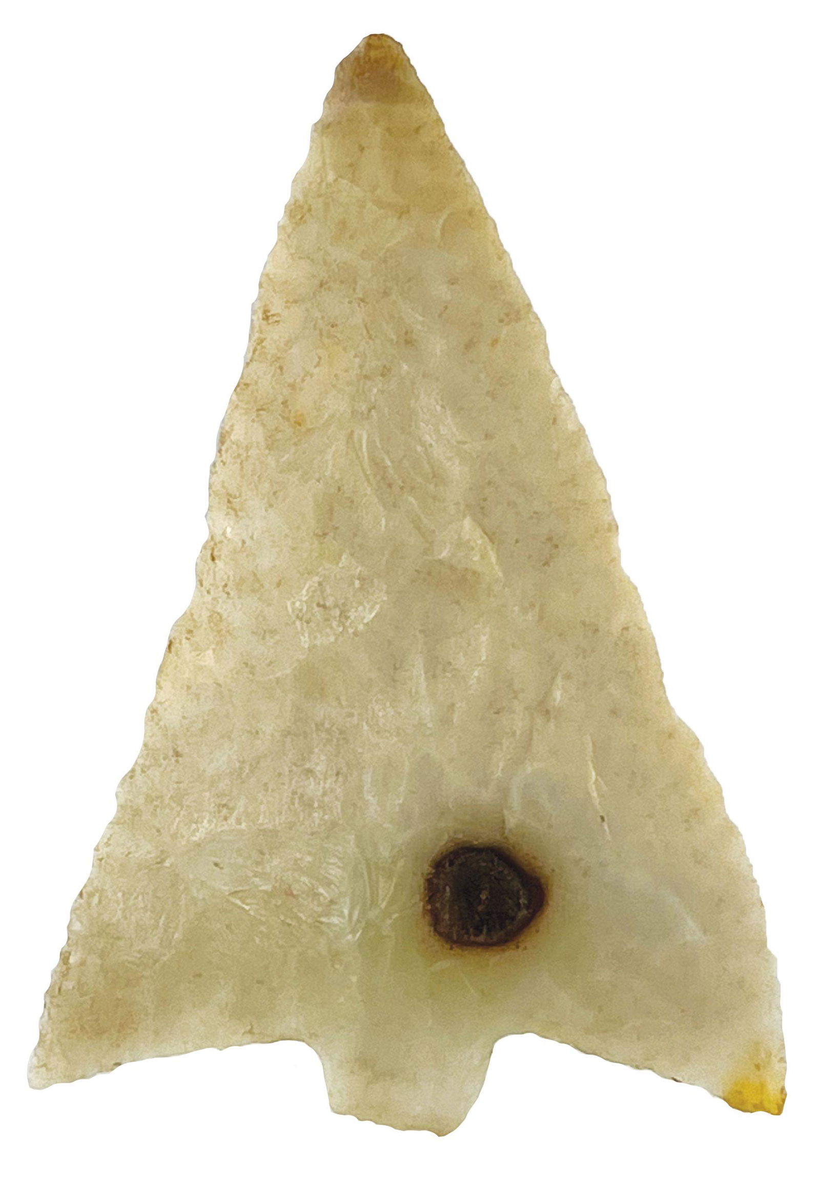 4 1/16" Hillsborough. FL. Big broad barbs. White Agate. Putty G10 COA: 4 1/16" Hillsborough. FL. Big broad barbs. White Agate with good patina. Thin, well made. Ex-Randy Ridenour, Russell Pounds, Jr. Putty G10 COA