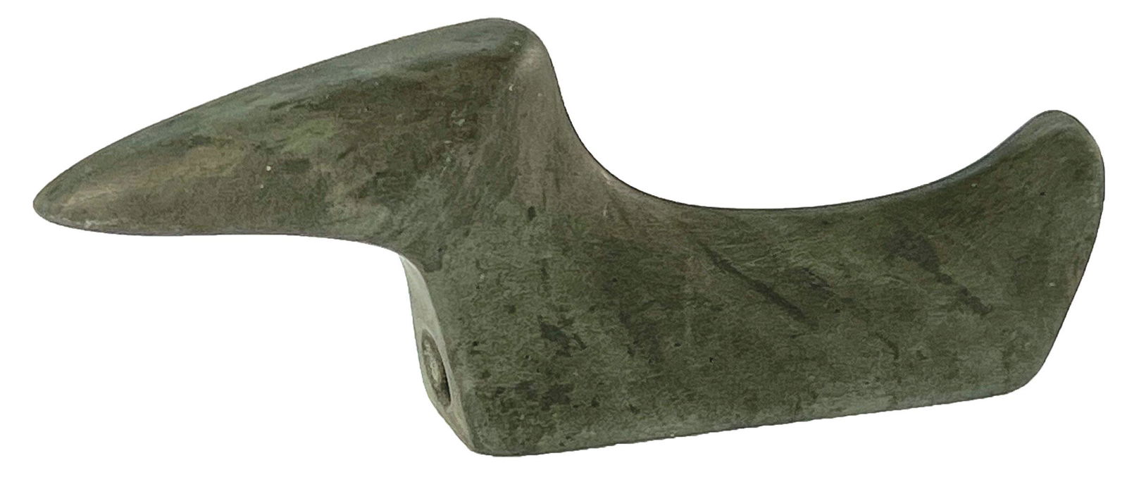 5" Banded Slate Birdstone. Pictured with Claude Stone in WW#4: 5" Banded Slate Birdstone. Large, well made and in fine condition (holes intact). Mixed reviews on this Birdstone. Selling "as-is". Pictured with Claude Stone in old photo published in Who's Who #4