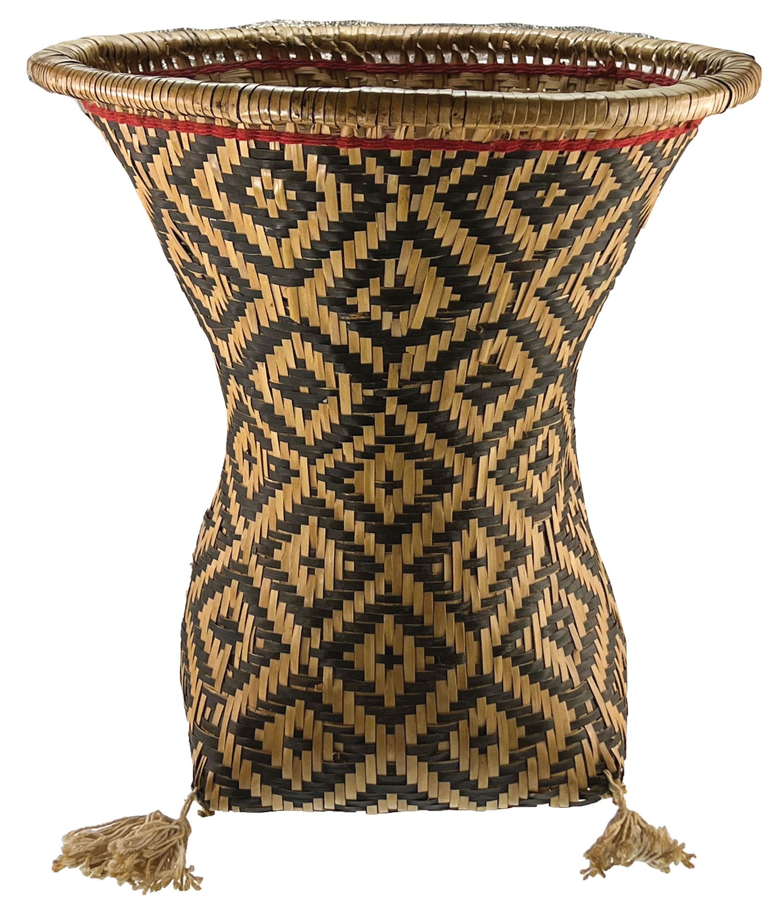 15" Woven Cane Hourglass Basket. Mendragnoti in Para, Brazil.: 15" Woven Cane Hourglass Basket. Made by the Mendragnoti in Para, Brazil. Collected many years ago from the rain forest near the Iritic River. Over 100 years old. Excellent condition. From the Mountjo