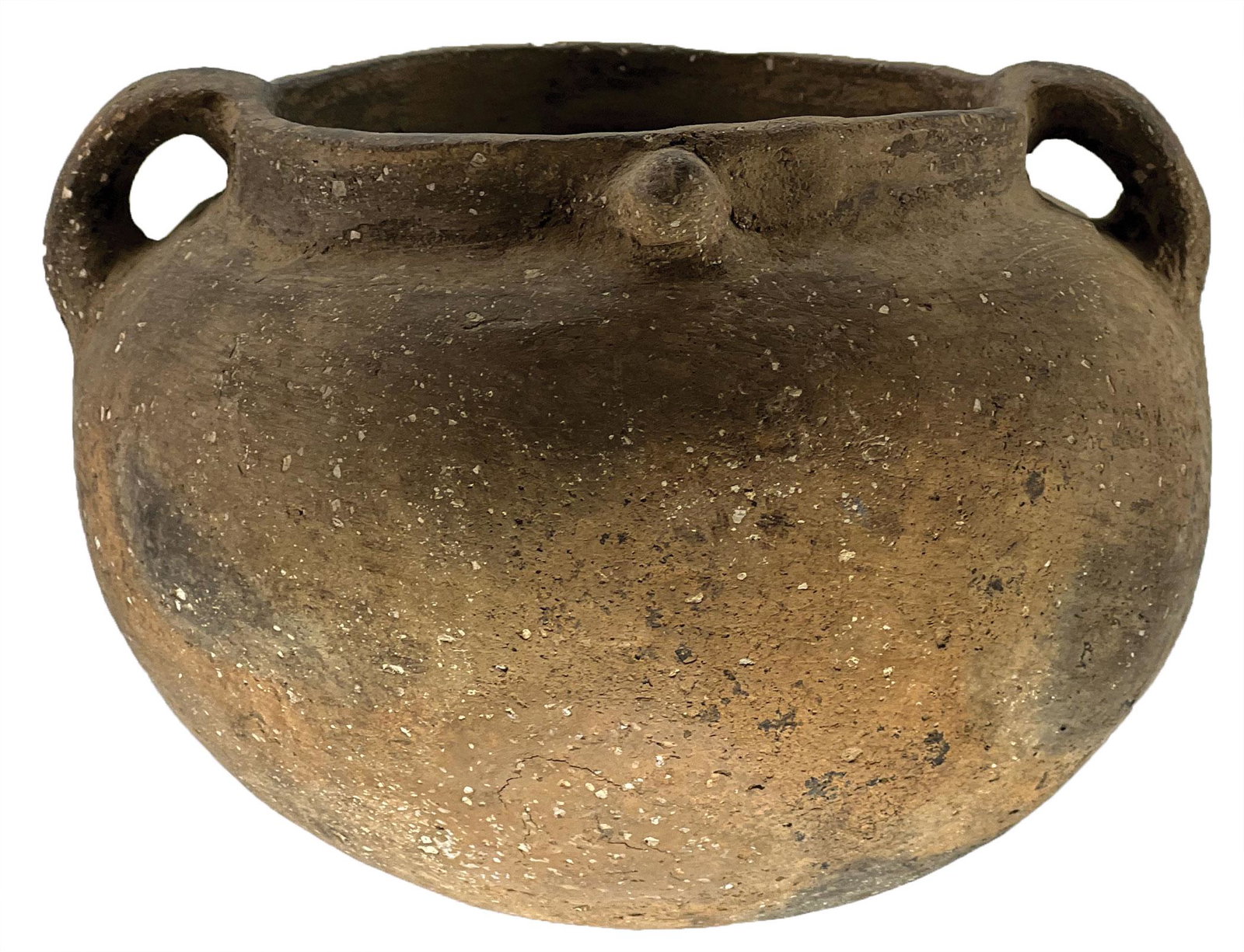 6 1/8" D. Strap Handle Bowl. Mississippi Co, AR. Well made.: 6 1/8" D. Strap Handle Bowl. Mississippi Co, AR. Well made. Bowl appears solid. Minor rim repair, straps original. Lots of shell temple. Neat piece