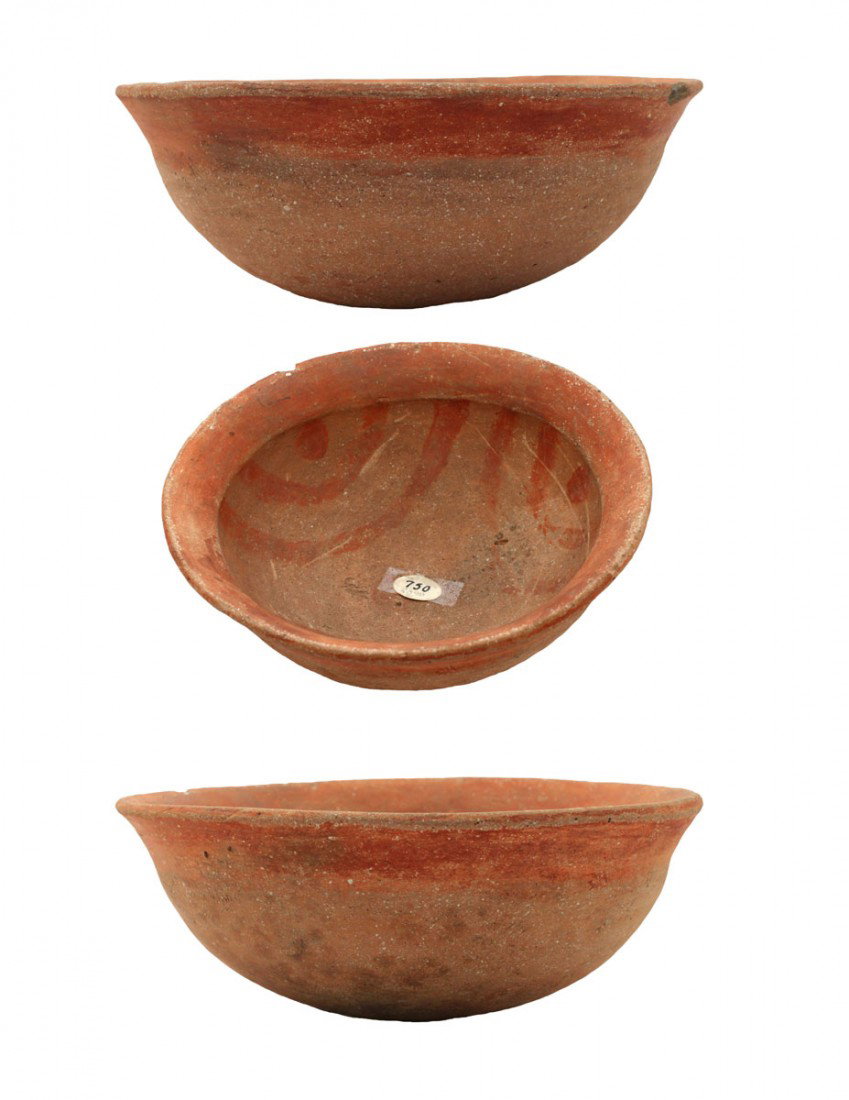 6 1/2" Quapaw Bowl. Yell Co, AR. Pictured WW#1: 6 1/2" Quapaw Bowl. Yell Co, AR. Solid, as found condition. Fine paint, red stripes. Ex-Hubert Wachtel. Pictured in WW#1 (1960), pg 176. Partain Paper. Will also be pictured in "Partain Relics"