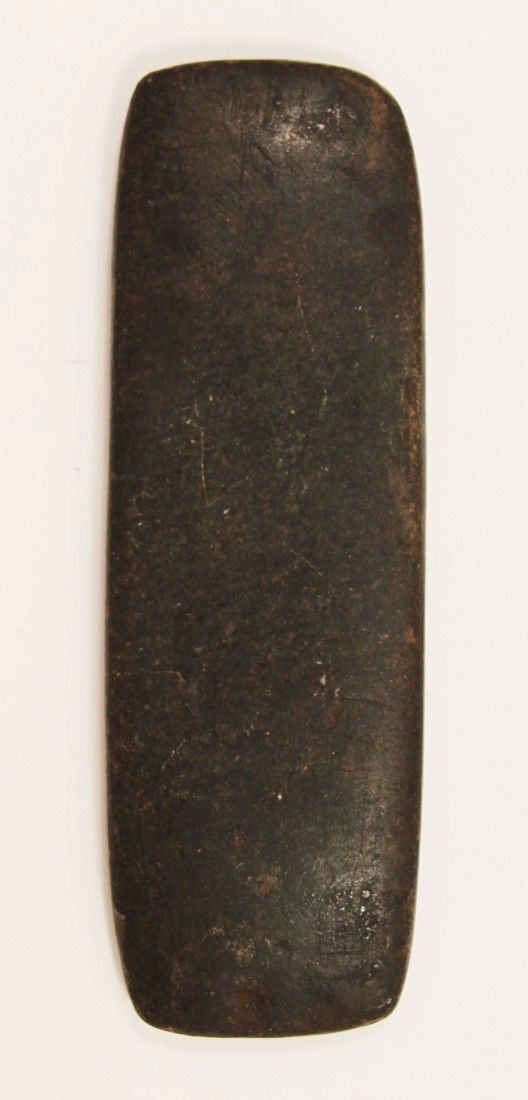 4 3/4" Slate Tablet Gorget. OH. Davis G9 Paper: 4 3/4" Slate Tablet Gorget. Wayne Co, OH. Highly polished dark brown slate. Davis G9 COA