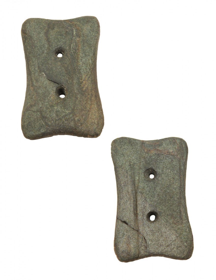 Rare Quadriconcave Gorget. TN. Davis G8 COA: Rare Quadriconcave Gorget. 3 3/16", Hardin Co, TN. Made of a green, quartz laden schist. Tallied. Davis G8 Paper. To be pictured in "Partain Relics"