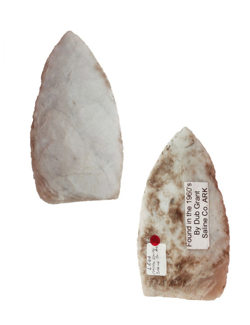 4" Pure white Caddo Knife. Partain Paper: 4" Caddo Knife. Saline Co, AR. Pure white, high grade Novaculite. Found by Dub Grant in 1960. Partain Paper. To be pictured in "Partain Relics"