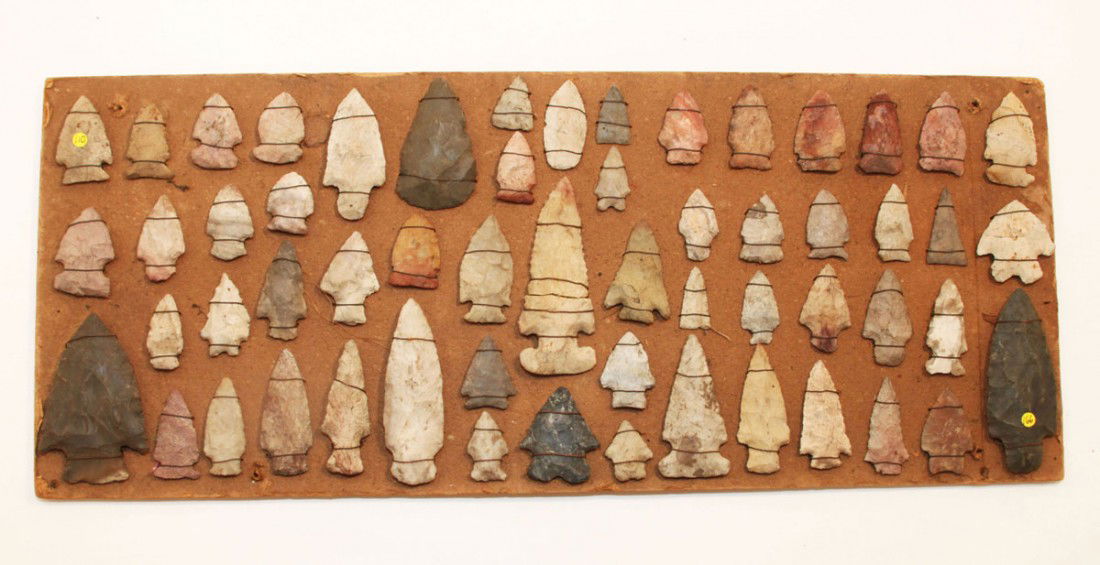 53 Rush Co, IN points, wired to board dated 1933: 53 Rush Co, IN points, wired to board dated 1933. Found by Clarence Paulley. 1"-3 1/2". Some nice points ! Center Thebes is broken.