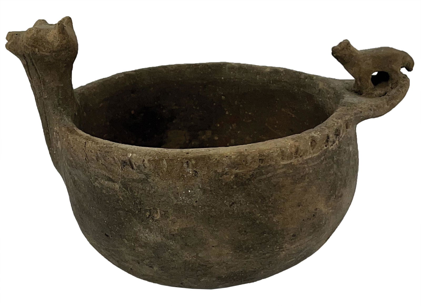 7 1/4" D. Cat Monster Effigy Bowl with "Tail Rider".  Rare effigy (1 of 11)